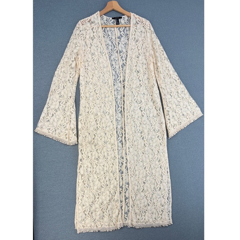 Forever 21 Cream Floral Lace Longline Duster Cardigan Bell Sleeve Pom Trim Small